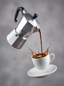 Moka Pot Pouring Coffee with Splash into Floating Espresso Cup