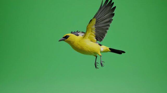 Yellow bird in flight against a green screen with subtle motion blur for animation