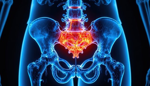 Human sacrum pain visualization. Medical 3D render of lower back inflammation.