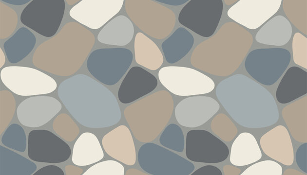 Calm seamless background pattern depicting smooth river stones and pebbles in neutral tones of gray, beige, and cream.