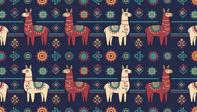 Colorful ethnic seamless pattern featuring rows of cute llamas and traditional andean geometric symbols on dark blue background.