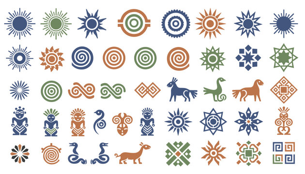 Comprehensive collection of native tribal symbols and ancient petroglyphs featuring suns, spirals, animals, and human figures.