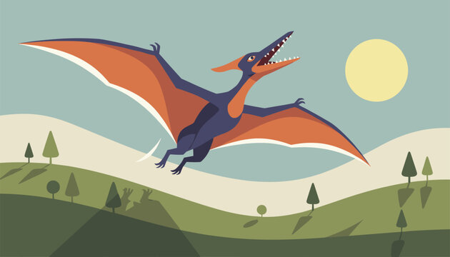Prehistoric scene featuring a majestic pterodactyl flying high in the sky over rolling green hills and a bright sun.