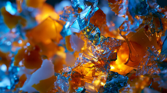 Abstract Shattered Glass Fragments Blue Orange Light