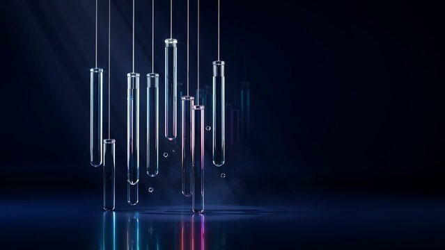 Hanging glass test tubes in a dark laboratory setting