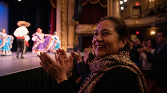 Happy mature Hispanic woman clapping at Mexican Folklorico dance performance in theater, cultural heritage celebration.