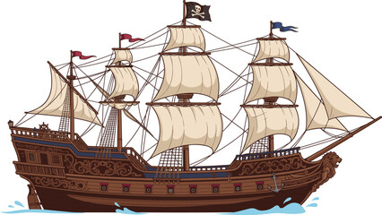 Detailed Wooden Pirate Ship with Skull Flag and Full Sails Vector Illustration © ABDUL
