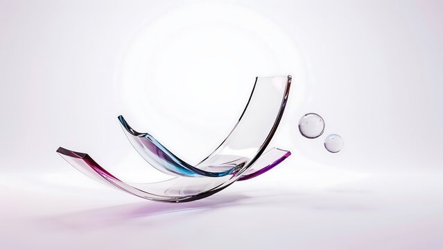 Abstract composition of curved glass shards and floating bubbles isolated on white background