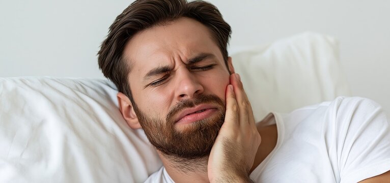 A man lies in bed clutching his jaw, illustrating the discomfort caused by nighttime teeth grinding and related tension.