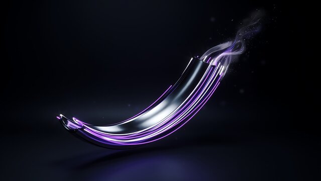 Abstract 3d metallic curved shape with glowing purple neon light trails
