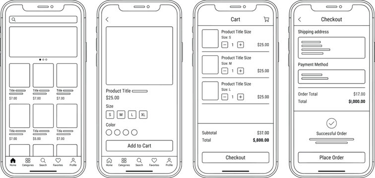 Mobile Shopping App Wireframe Screens for Ecommerce UX Design Vector Illustration