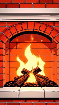 Burning logs in a red brick fireplace.