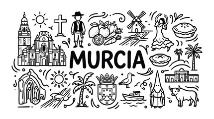 Fototapeta premium Murcia Spain Landmark Doodle, Hand Drawn Black Line Travel Illustration of Spanish Region