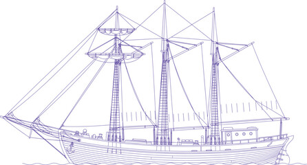 Three Masted Sailing Schooner with Full Rigging Line Drawing Illustration © ABDUL