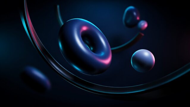 Abstract 3d composition with dark blue torus and floating spheres
