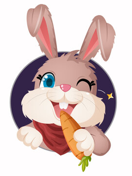 Cute bunny mascot logo winking and eating carrot, rabbit popping out of a hole, kawaii Easter animal vector illustration