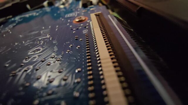 Macro close-up shot of a modern laptop motherboard, focusing in detail on the internal keyboard (KB) connector socket and precision electronic circuitry. Perfect for technology, hardware repair