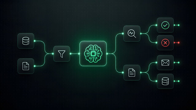 Abstract diagram depicting an AI agent processing data from various sources and generating diverse outcomes.