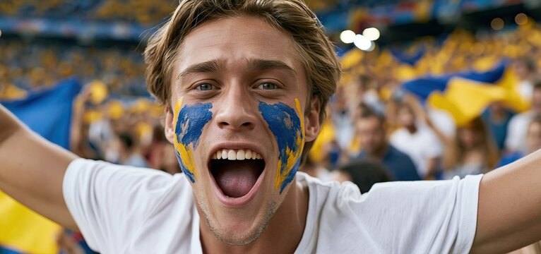 In a lively stadium, a young man with blue and yellow face paint enthusiastically supports his soccer team.
