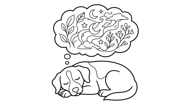 Sleeping dog dreaming with celestial brain waves. Peaceful pet visualization of thoughts and imagination during rest.