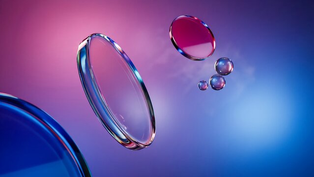 Abstract composition with floating glass lenses and spheres in vibrant pink and blue gradient lighting
