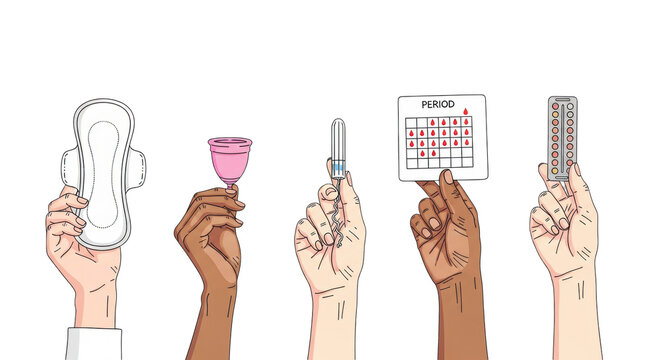 Diverse hands holding a sanitary pad, menstrual cup, calendar, tampon, and pills in a minimalist graphic style menstrual health empowerment concept