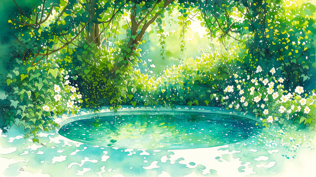 Serene forest pond surrounded by lush green foliage and white wildflowers, bathed in dd sunlight with a watercolor painting style