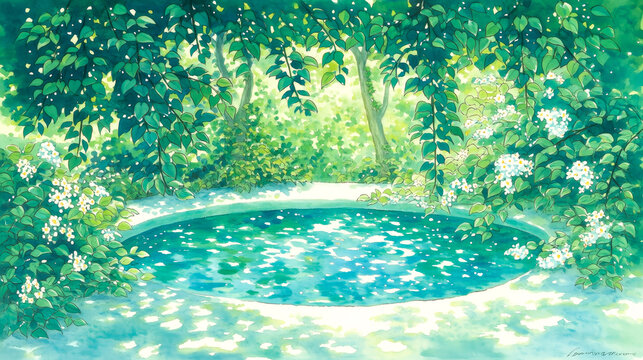 A tranquil pond surrounded by lush green foliage and white blossoms, with dd sunlight reflecting on the water surface