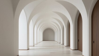 Obraz premium Stylish hallway featuring arched ceilings and wooden doors designed with a minimalist aesthetic