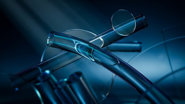 Abstract 3d rendering of transparent glass tubes and circular shapes in deep blue light
