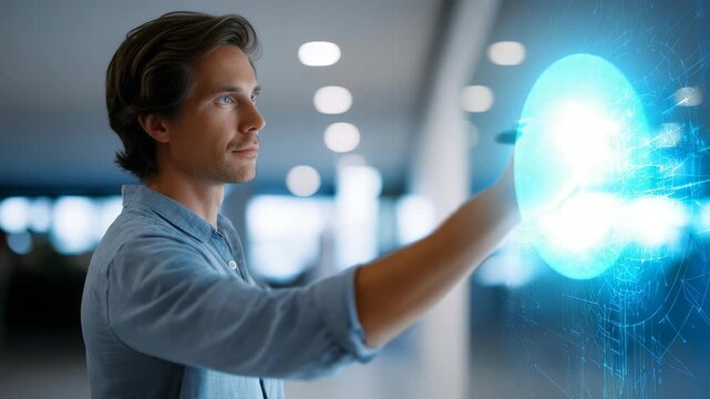 Young man interacts with a futuristic digital interface, visualizing advanced technology and innovation. He explores virtual data, symbolizing progress in the digital era