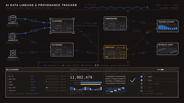Explore a detailed AI data lineage and provenance tracker with a structured diagram illustrating data transformation in a dark charcoal background, showcasing various source and output nodes.