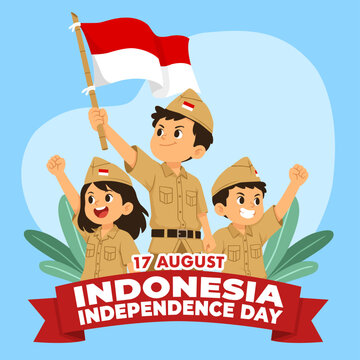 This Indonesian Independence Day-themed illustration features a cheerful, flat vector style, featuring three child characters in young warrior uniforms. This image is perfect for use on greeting cards