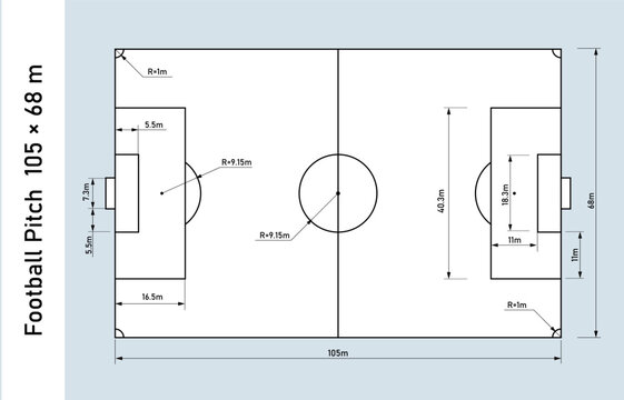 Football Pitch Dimensions Blueprint, Top View on White Background. Technical football field layout with official markings, goal areas, center circle and dimension lines for coaching and infographics.