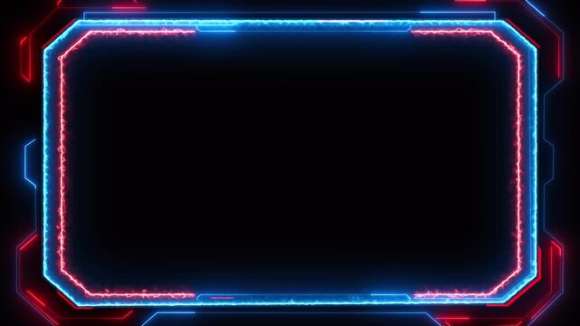 Cyber neon electric border red and blue glowing frame, dark center space, and futuristic HUD style. gaming videos, stream overlays, esports intros, sci fi screens, title cards, and tech promos.