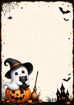 Cute Halloween frame with a cartoon ghost in a witch hat hugging a black cat on a pumpkin, bats, spider, and haunted house. Perfect for invitations and kids' parties.