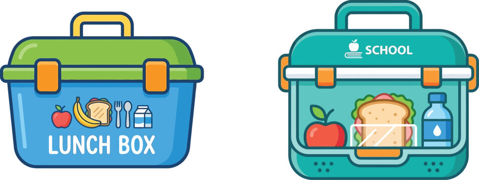 Colorful lunch box and school bag with food illustration