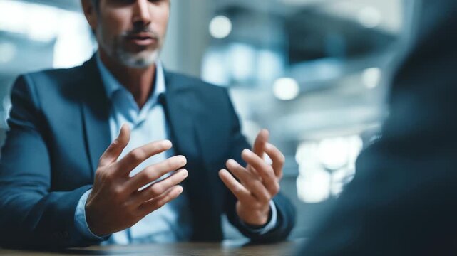 Confident businessman in a suit gesturing with hands while having a serious conversation in a modern office. Professional discussion and negotiation concept for business success and leadership