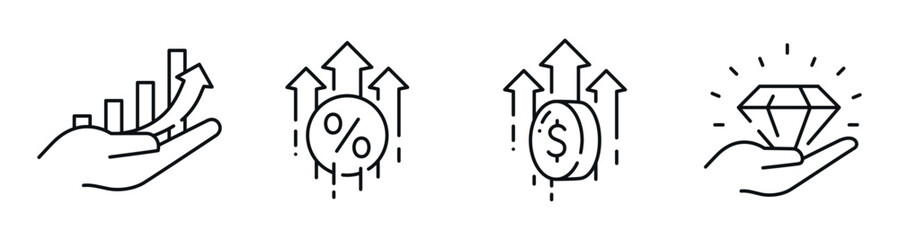 Growth and finance icons illustrating increase and value. Editable stroke