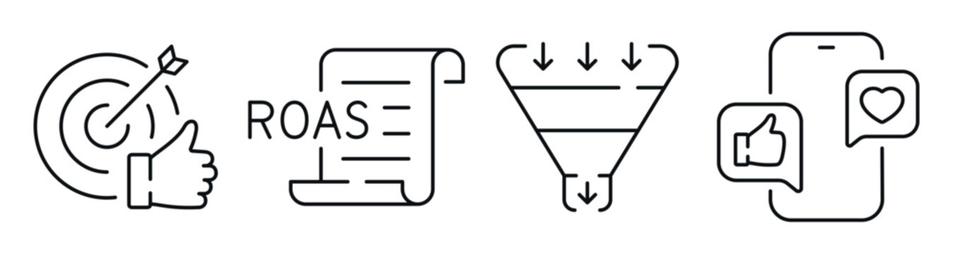 Marketing performance icons showing target metrics funnel and engagement. Editable stroke