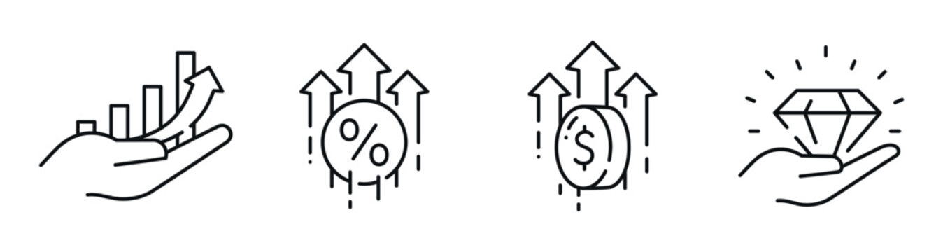 Growth and finance icons illustrating increase and value. Editable stroke