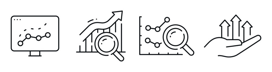 Data analysis icons depicting growth metrics and insights on white background. Editable stroke