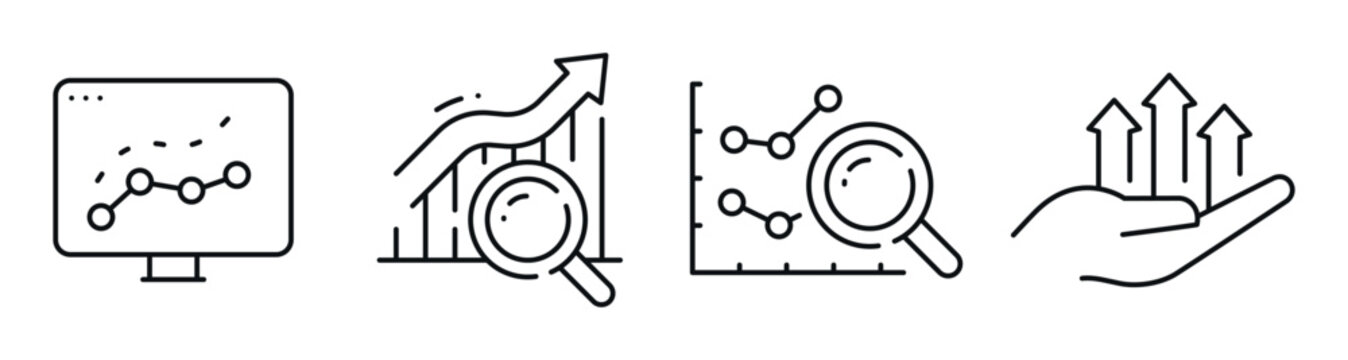 Data analysis icons depicting growth metrics and insights on white background. Editable stroke