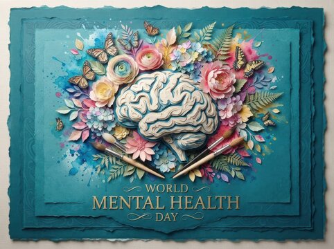 World mental health day illustration with brain and flowers within detailed ornate border frame, awareness