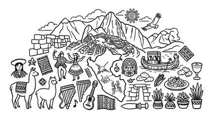 Obraz premium Peru Travel Doodle Illustration, Hand Drawn Cultural Heritage Sketch with Ancient Symbols