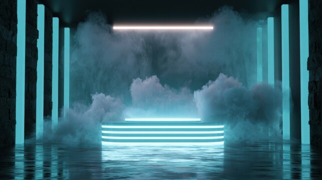 Futuristic neon-lit room with fog and reflective floor