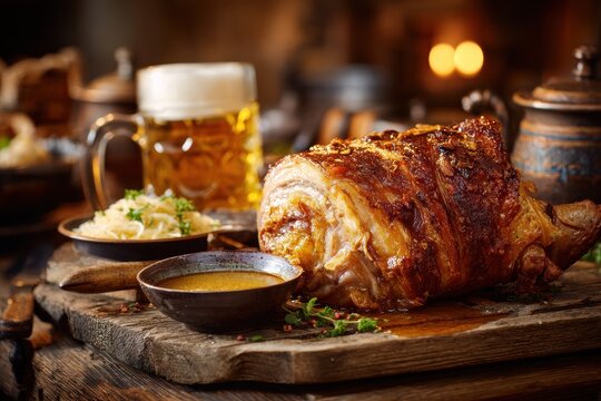 Traditional schweinshaxe served with sauerkraut and frothy beer in a tavern setting