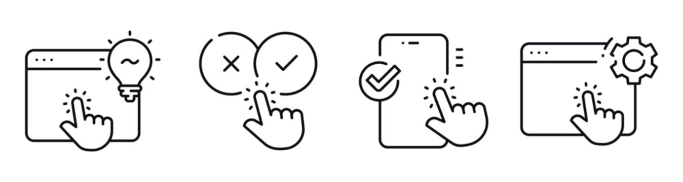 Hand cursor tapping interactive icons on browser interface. Editable stroke
