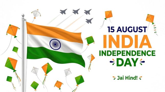 15 August India Independence Day Jai Hind clean white banner with flying kites and flag pole