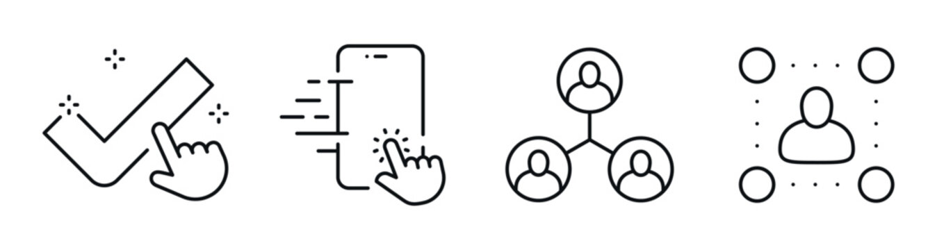 Task completion and user interaction icons with network symbols. Editable stroke